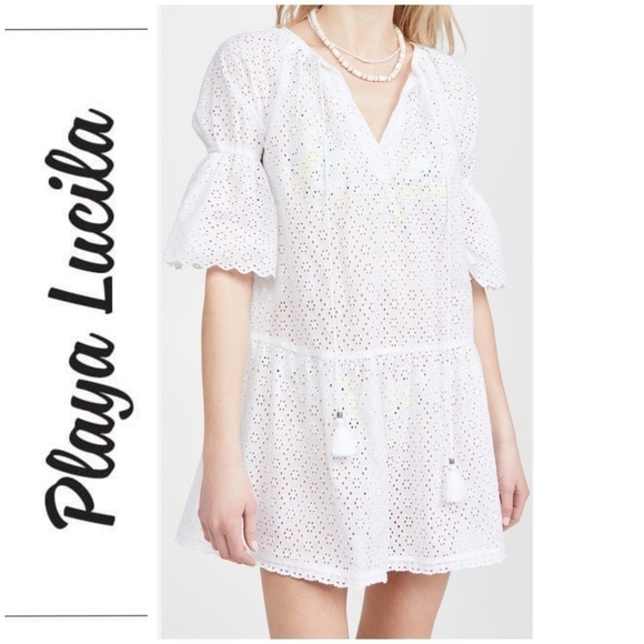 Playa Lucila white eyelet mini dress cover up, ellbow length puff sleeves,size M - Picture 1 of 13